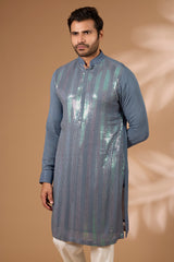 Teal Georgette Kurta – Sequin, Off-White Pant