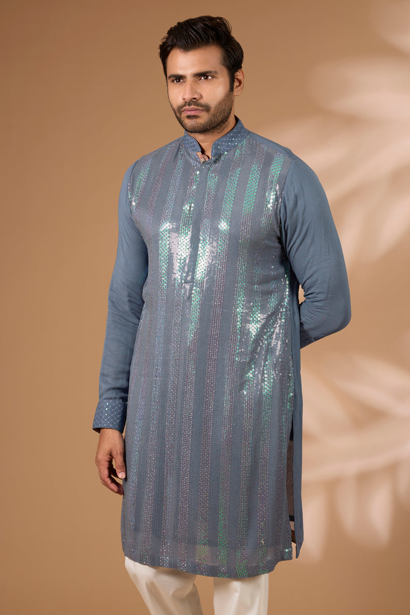 Teal Georgette Kurta – Sequin, Off-White Pant