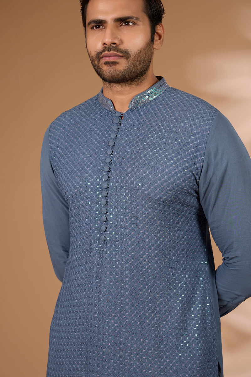 Teal Georgette Kurta – Sequin & Thread, Off-White Pant