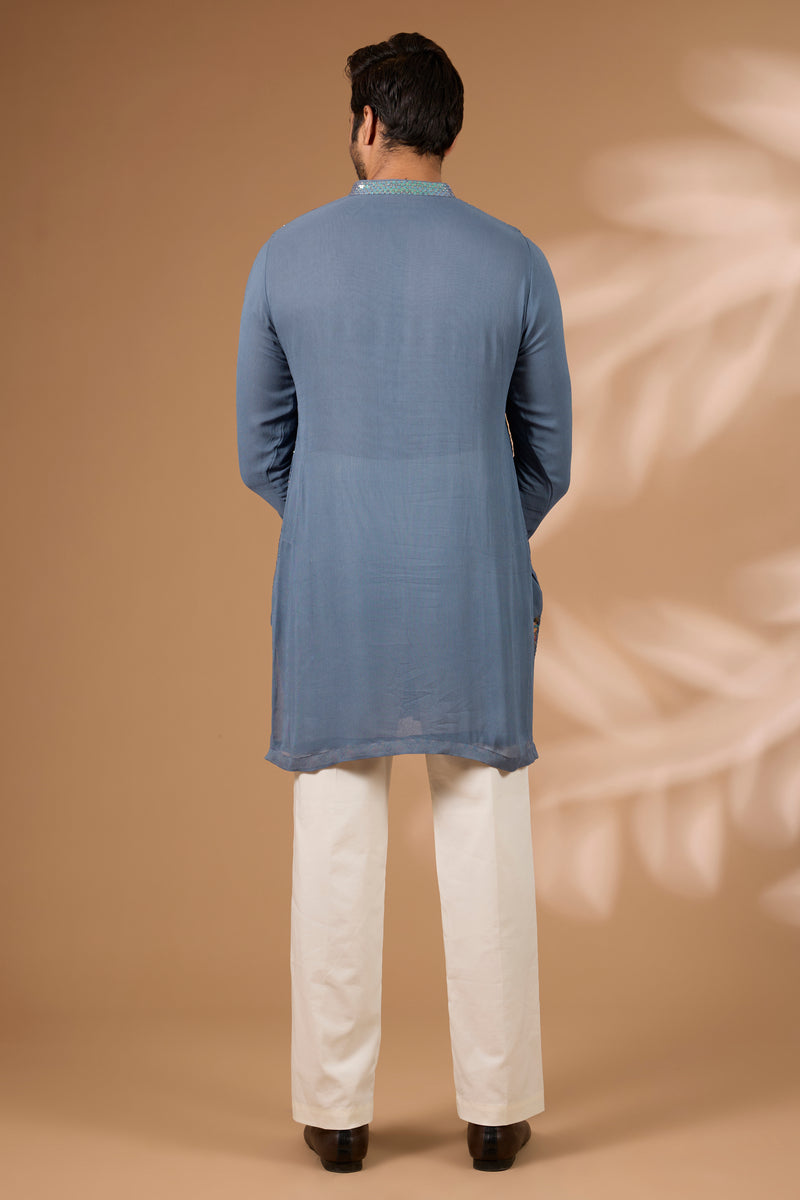 Teal Georgette Kurta – Sequin & Thread, Off-White Pant
