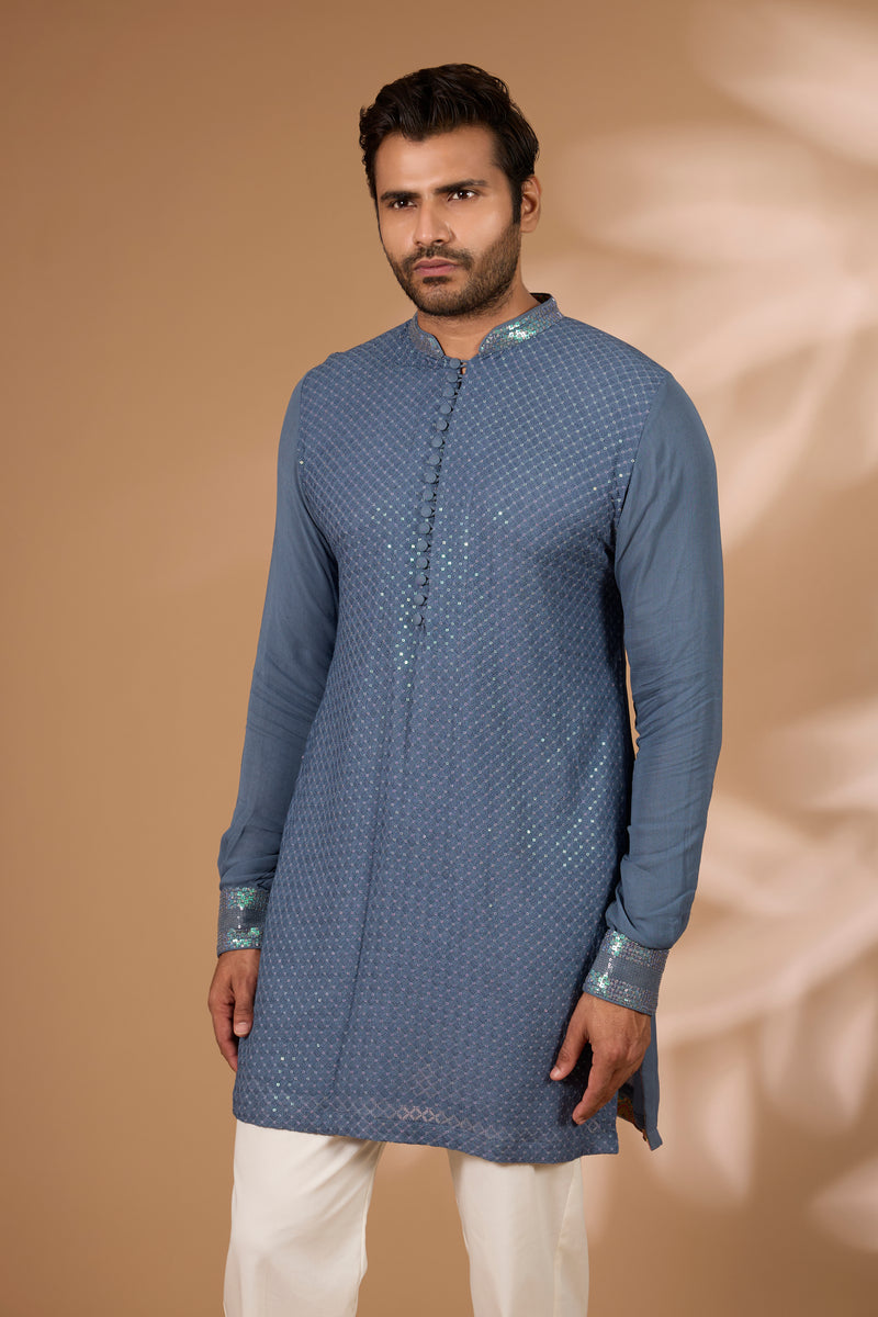 Teal Georgette Kurta – Sequin & Thread, Off-White Pant