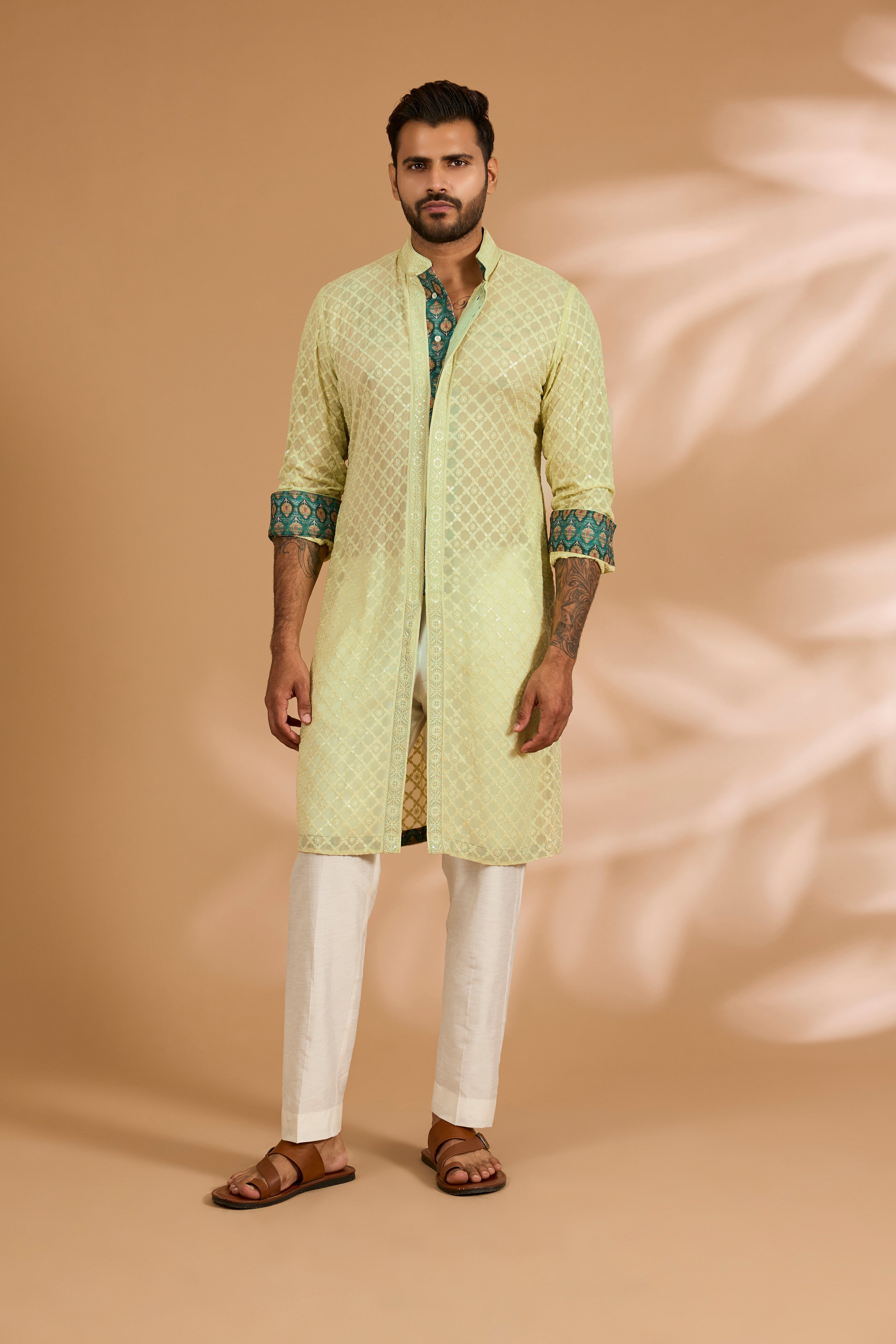 Lime Green Front Open Georgette Sequin Jaal Kurta Set