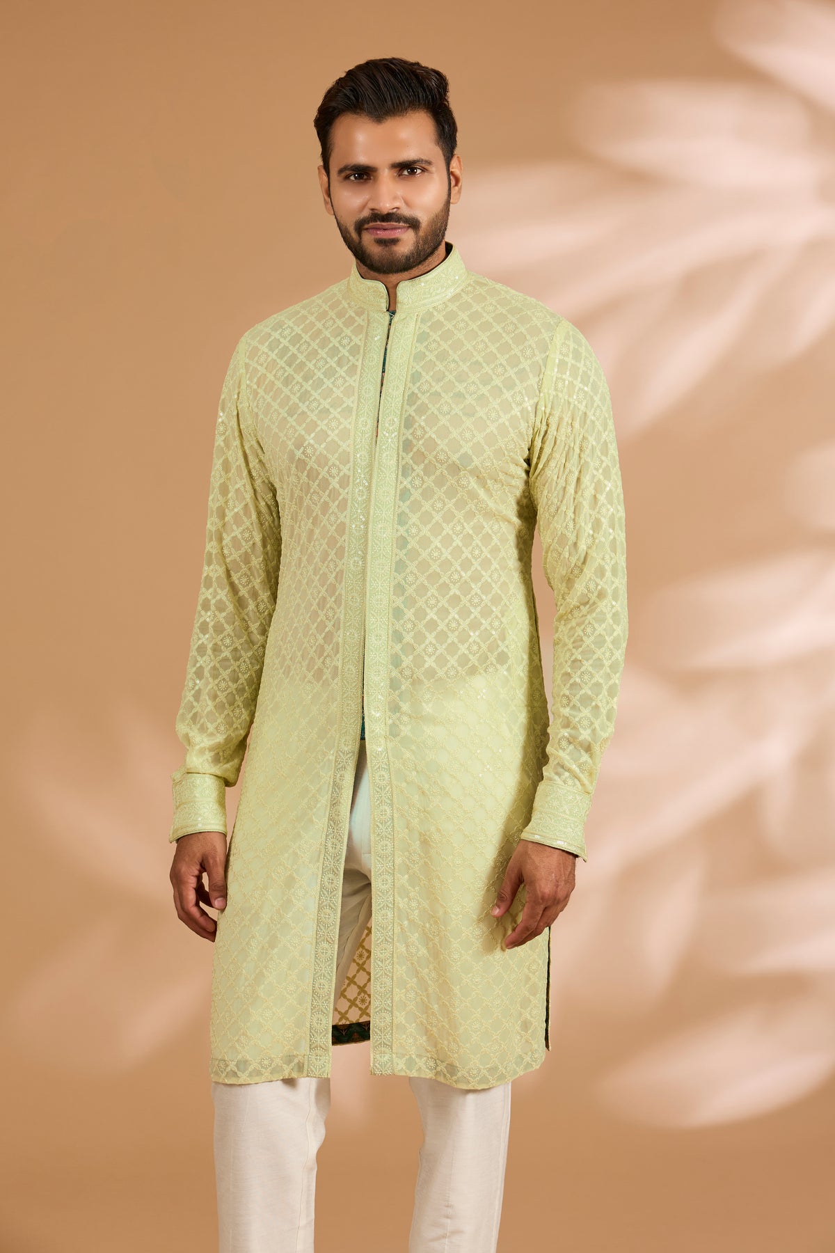 Lime Green Front Open Georgette Sequin Jaal Kurta Set