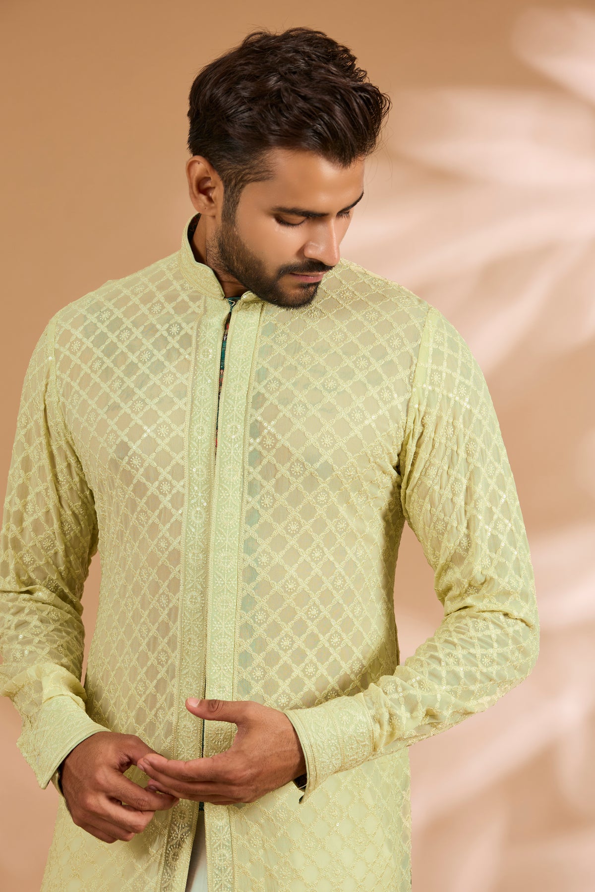 Lime Green Front Open Georgette Sequin Jaal Kurta Set