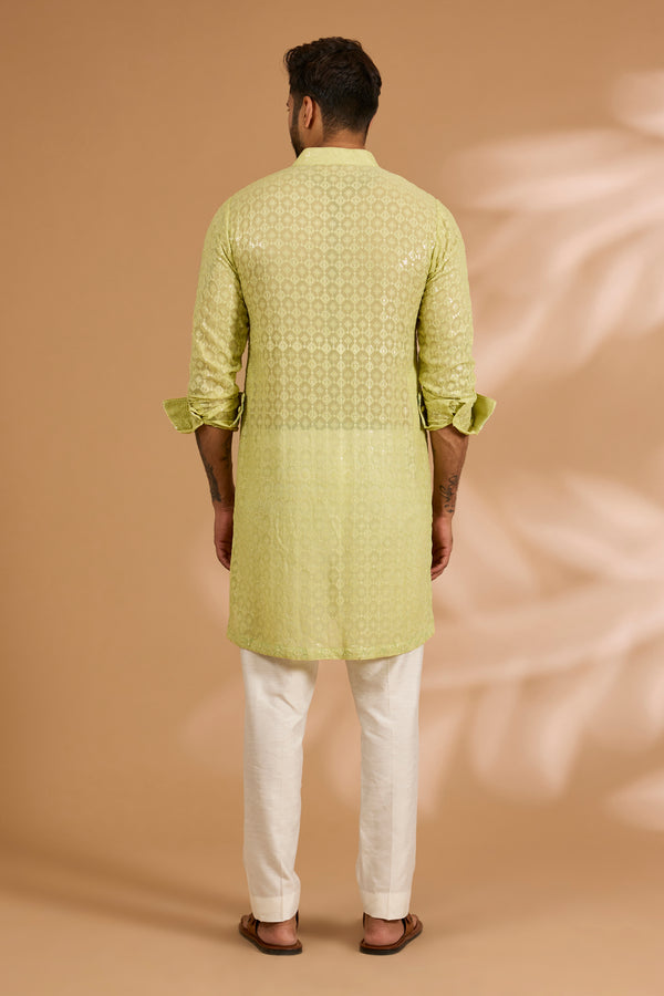 Lime Green Georgette Sequin & Thread Jaal Kurta Set