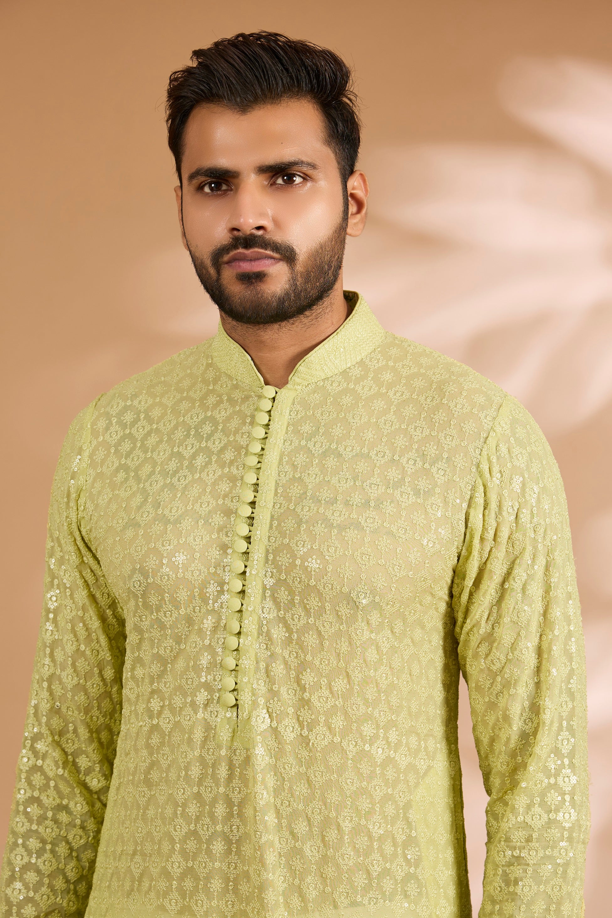 Lime Green Georgette Sequin & Thread Jaal Kurta Set