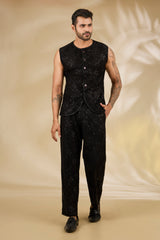 Black Net Cutwork Sleeveless Jacket Set