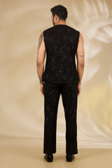 Black Net Cutwork Sleeveless Jacket Set