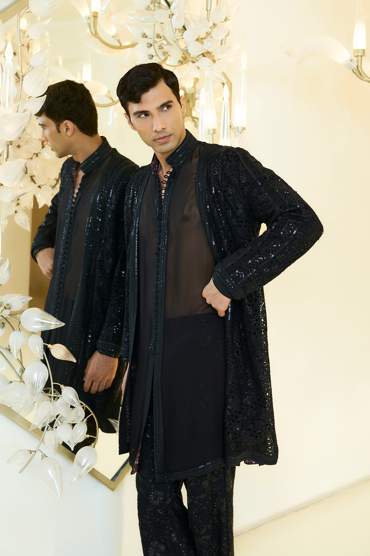 Black Cutwork Indo Jacket Set with Sheer Shirt