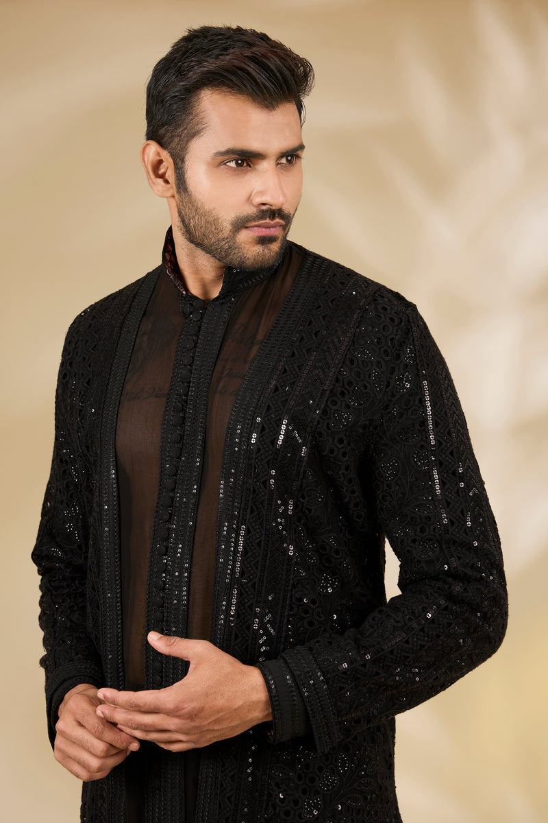 Black Net Cutwork Indo Jacket Set