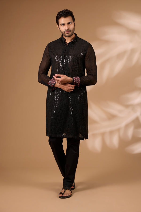 Black Georgette Kurta – Sequin & Thread, Cotton Silk Pant