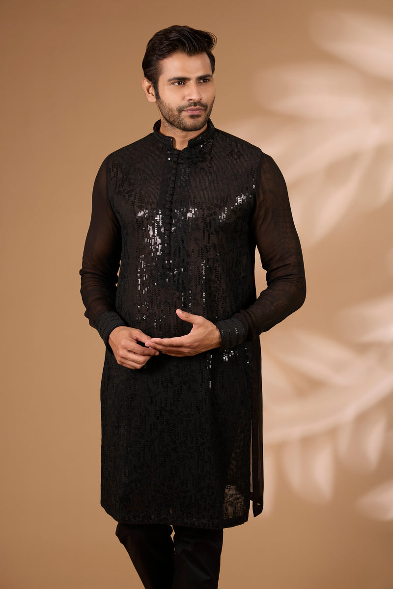 Black Georgette Kurta – Sequin & Thread, Cotton Silk Pant