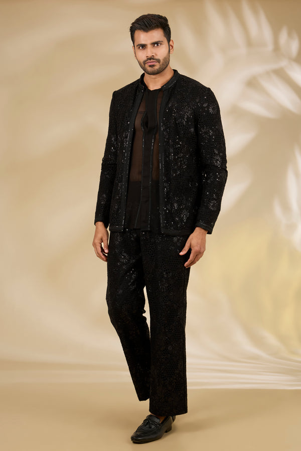 Black Net Cutwork Indo Jacket & Sheer Shirt Set