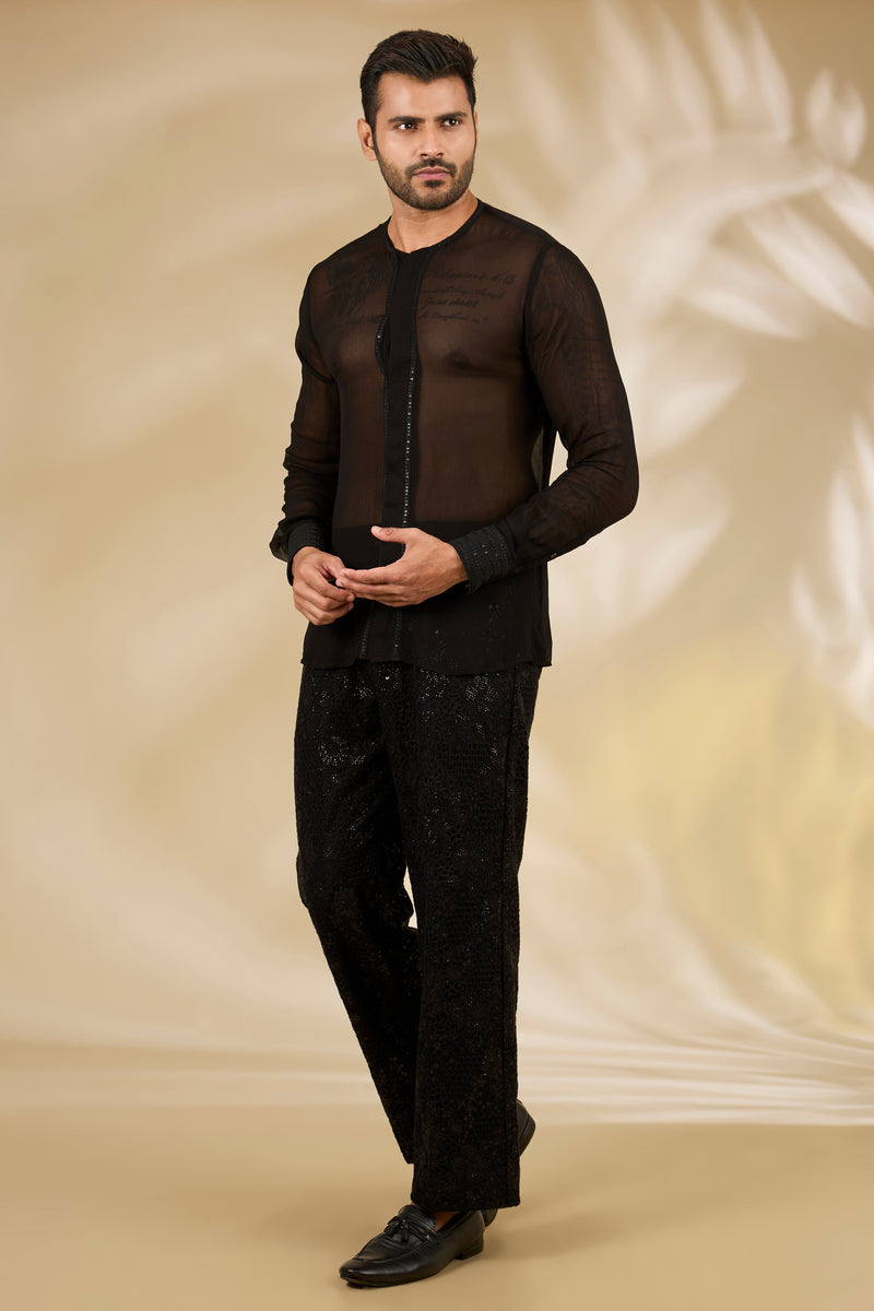 Black Net Cutwork Indo Jacket & Sheer Shirt Set