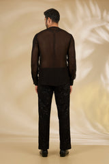 Black Net Cutwork Indo Jacket & Sheer Shirt Set