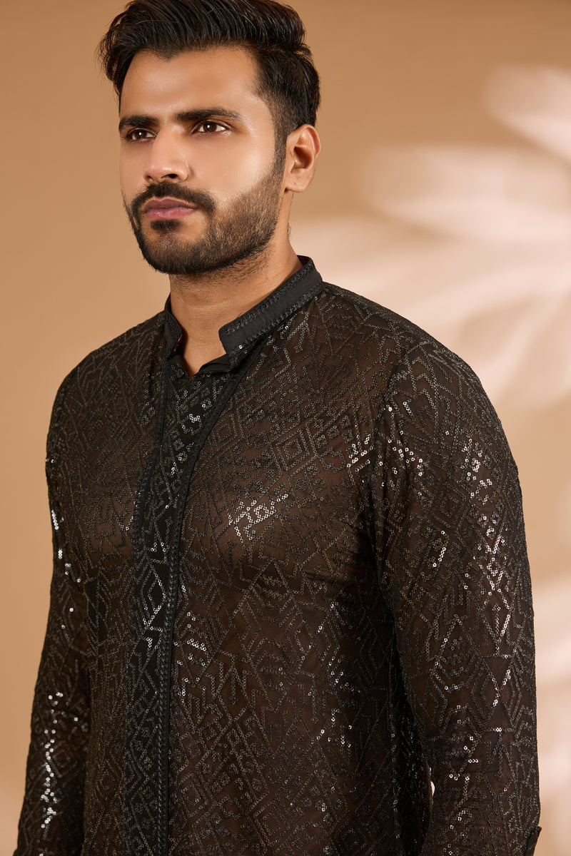 Lemon Georgette Thread, Sequin & Bead Embroidered Kurta Set