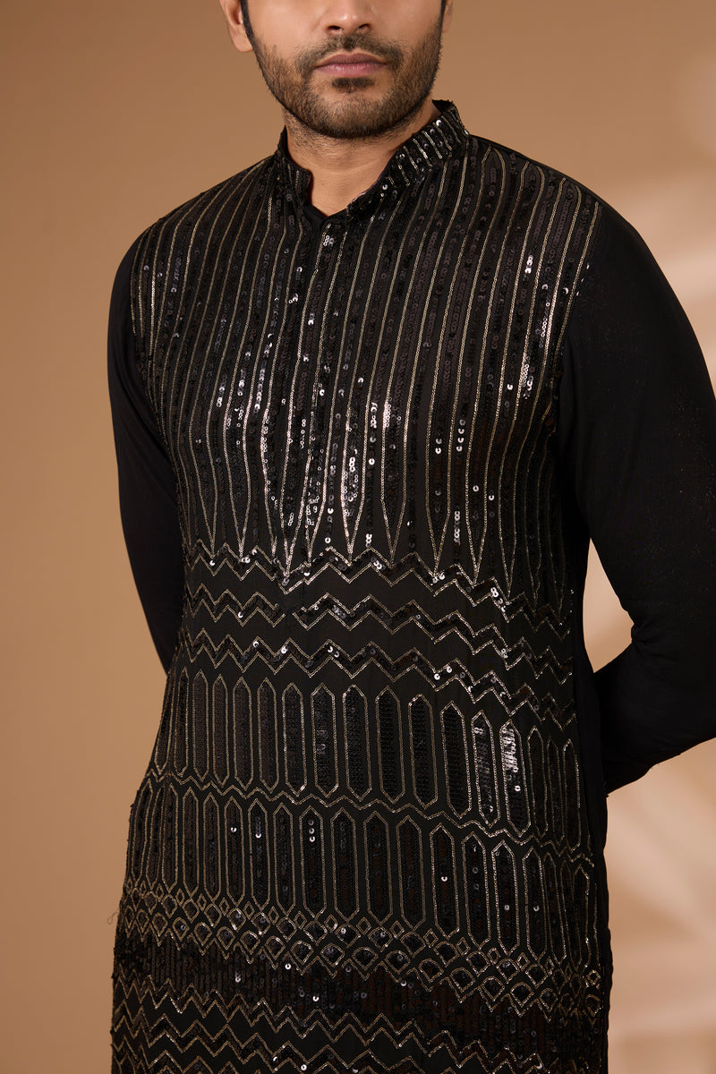 Black Georgette Kurta – Black & Gold Sequin, Cotton Silk Pant