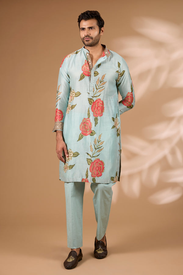 Aqua Silk Floral Kurta – Sequin Collar & Cuffs, Cotton Silk Pant