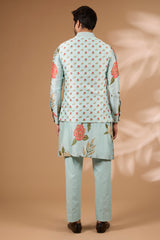 Aqua Silk Floral Bundi Set – Sequin Collar, Matching Kurta & Pant
