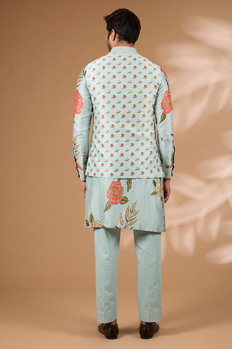 Aqua Silk Floral Bundi Set – Sequin Collar, Matching Kurta & Pant