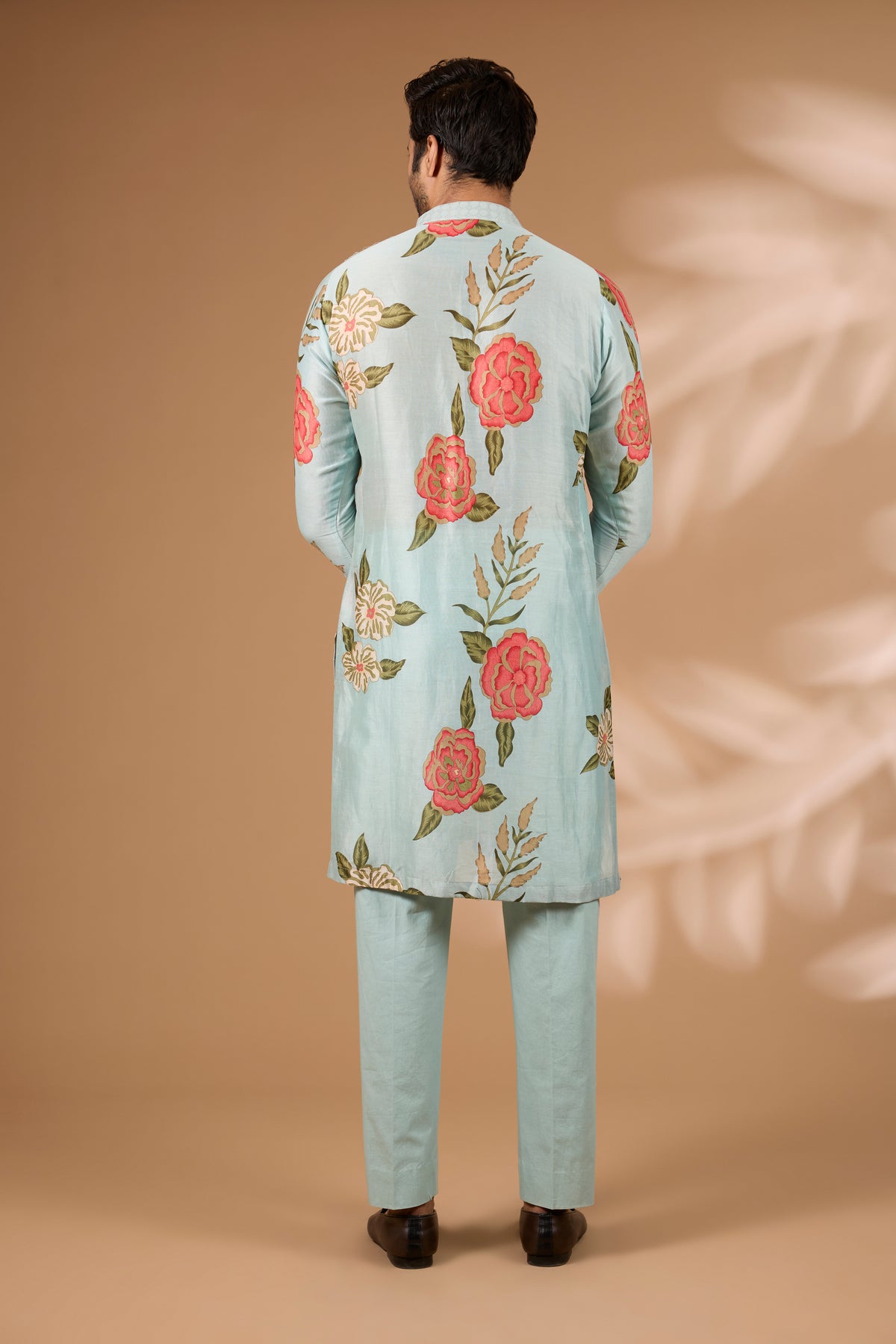 Aqua Silk Floral Bundi Set – Sequin Collar, Matching Kurta & Pant