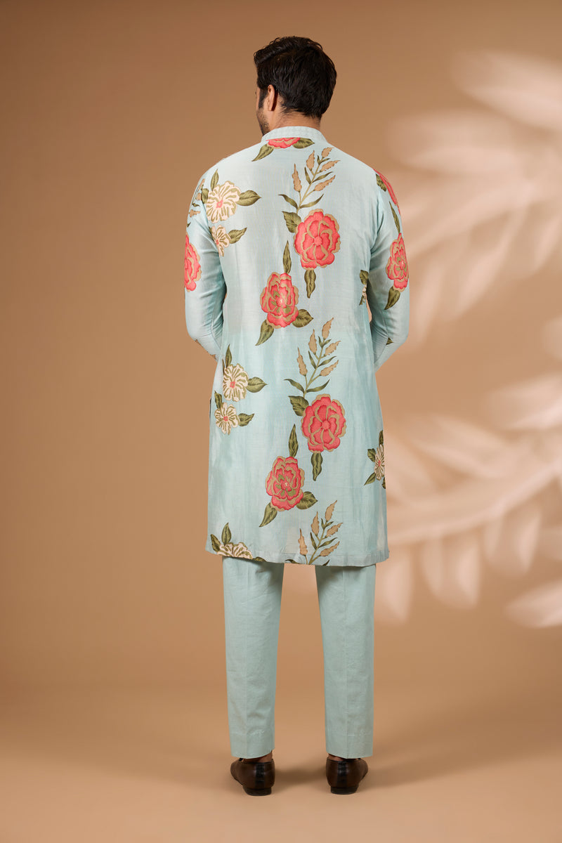 Aqua Silk Floral Bundi Set – Sequin Collar, Matching Kurta & Pant