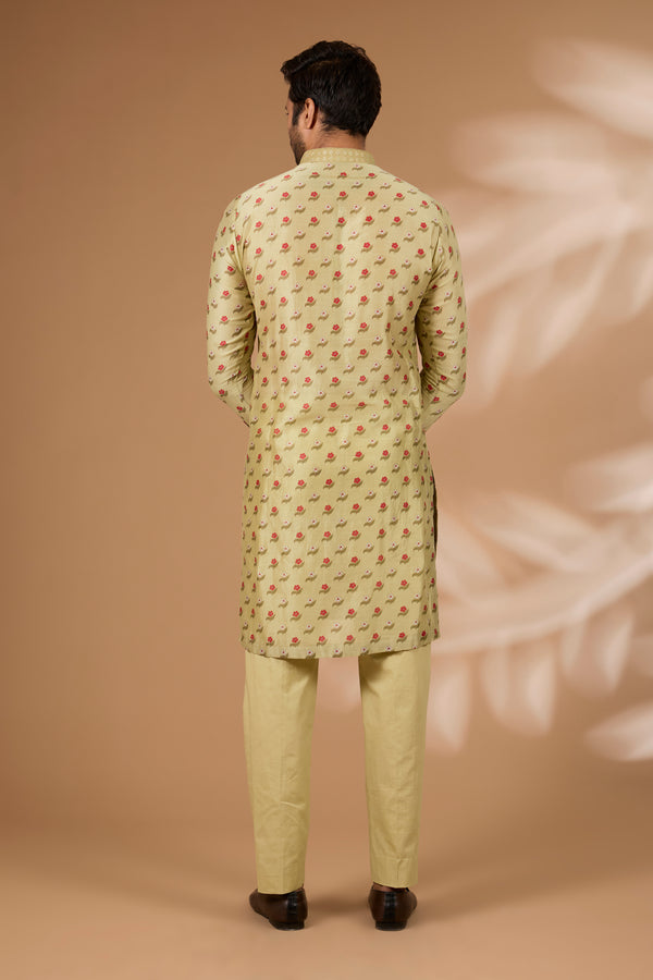 Olive Silk Floral Kurta – Sequin Collar & Cuffs, Cotton Silk Pant