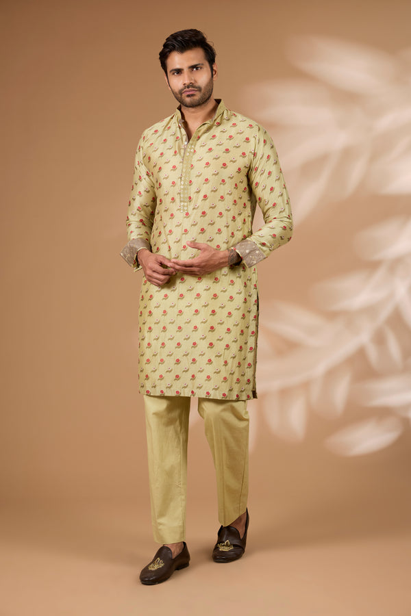 Olive Silk Floral Kurta – Sequin Collar & Cuffs, Cotton Silk Pant