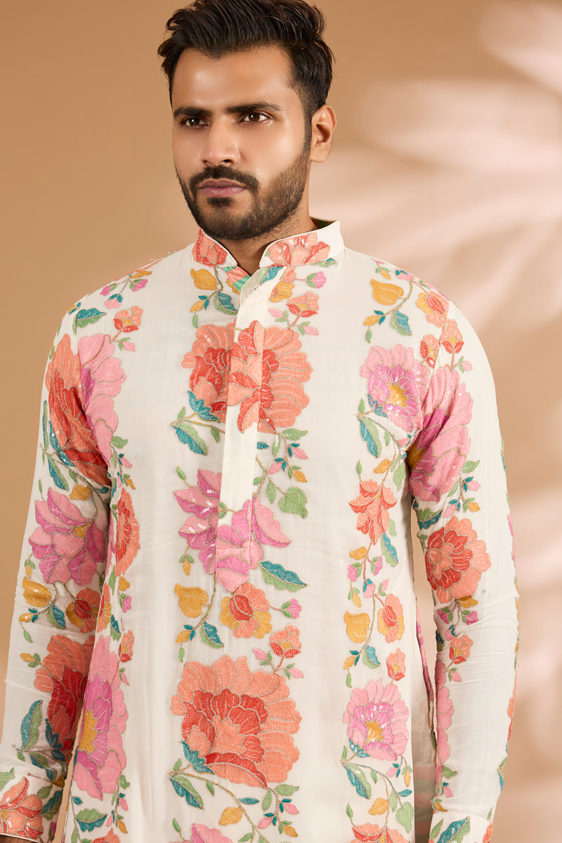 Off-White Georgette Multi-Thread Rose Embroidered Kurta Set