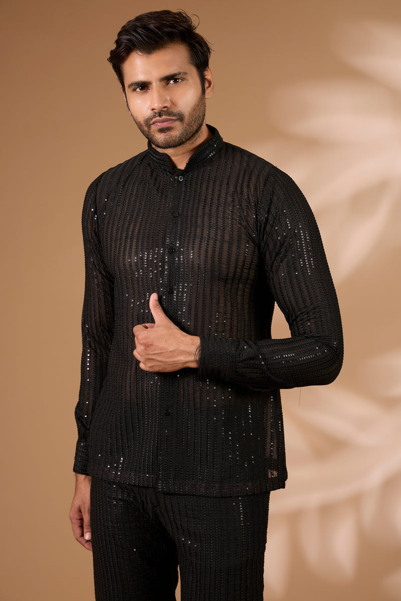 Black Georgette Cord Set – Thread & Sequin Lines