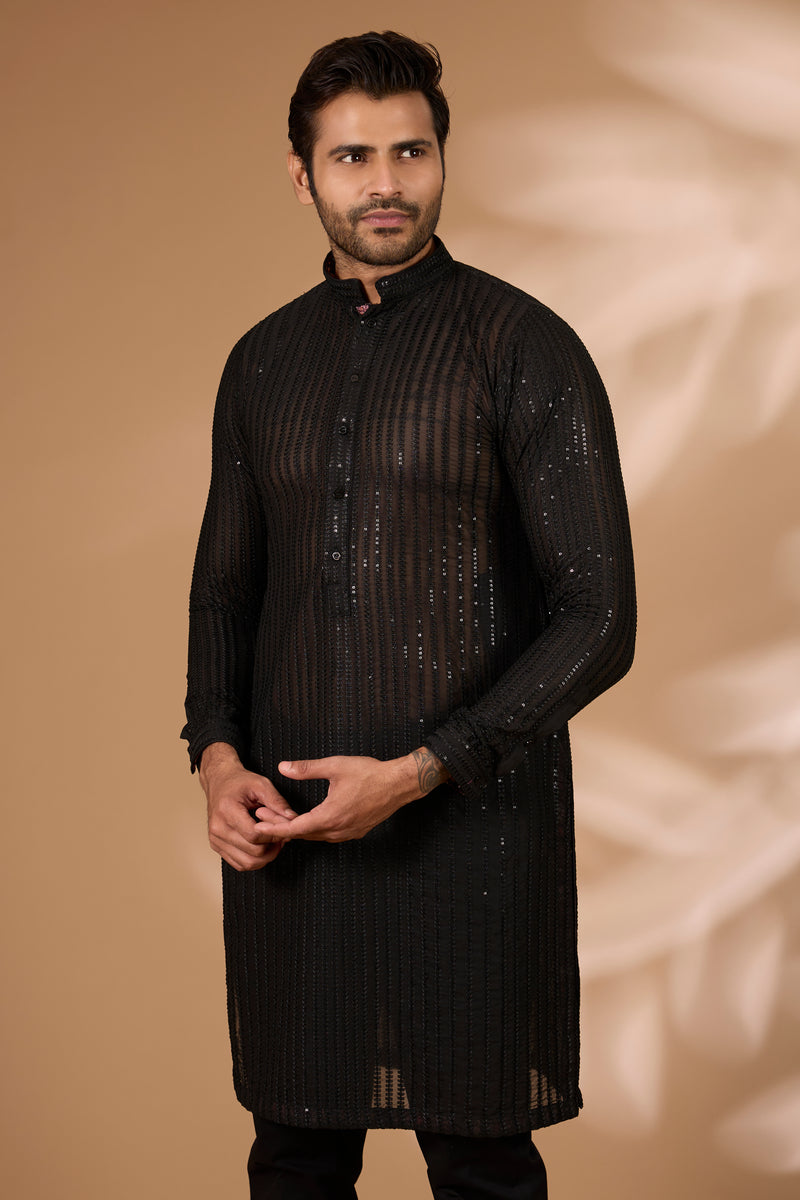Black Georgette Kurta – Thread & Sequin Lines, Cotton Silk Pant