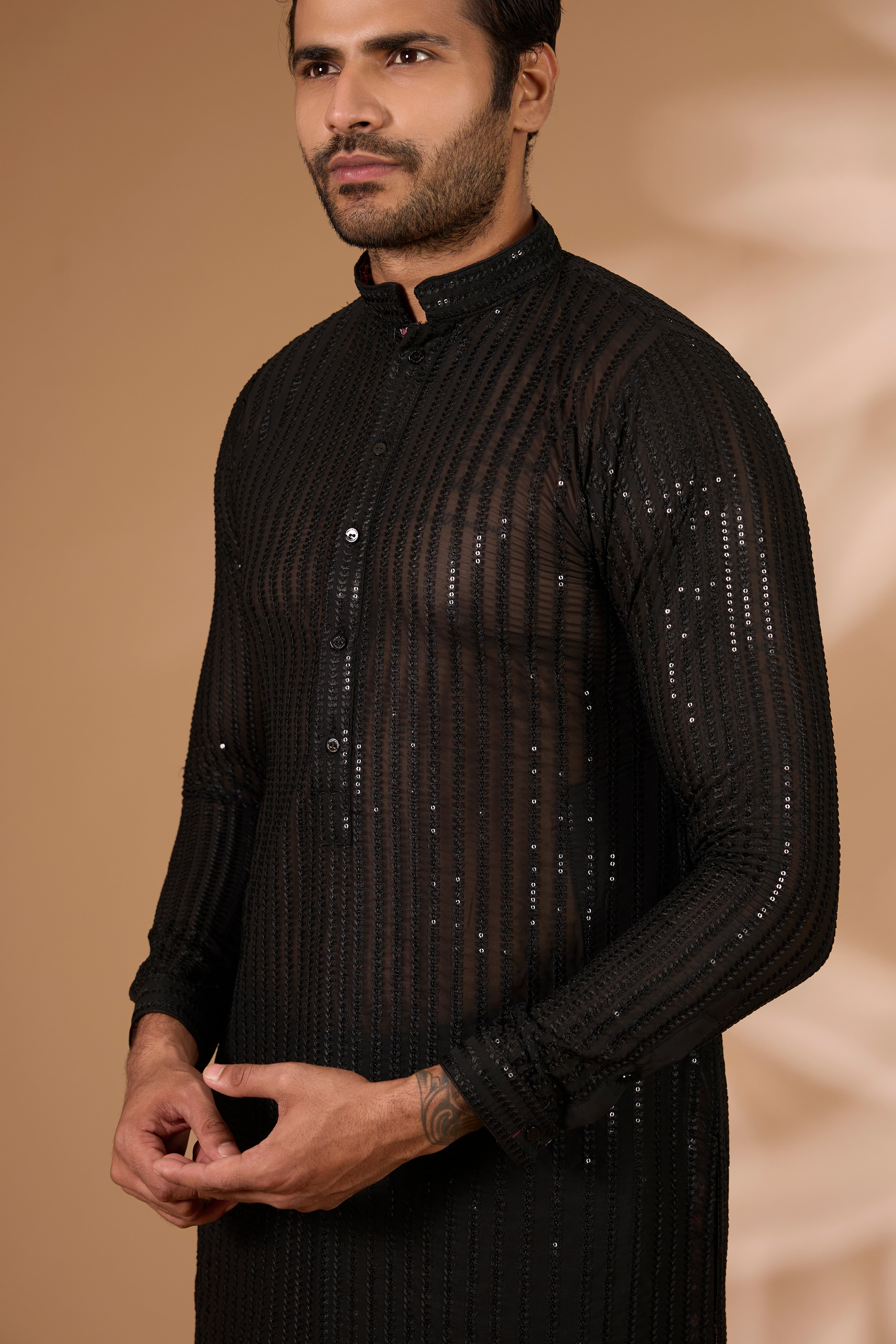 Black Georgette Kurta – Thread & Sequin Lines, Cotton Silk Pant