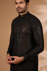 Black Georgette Kurta – Thread & Sequin Lines, Cotton Silk Pant