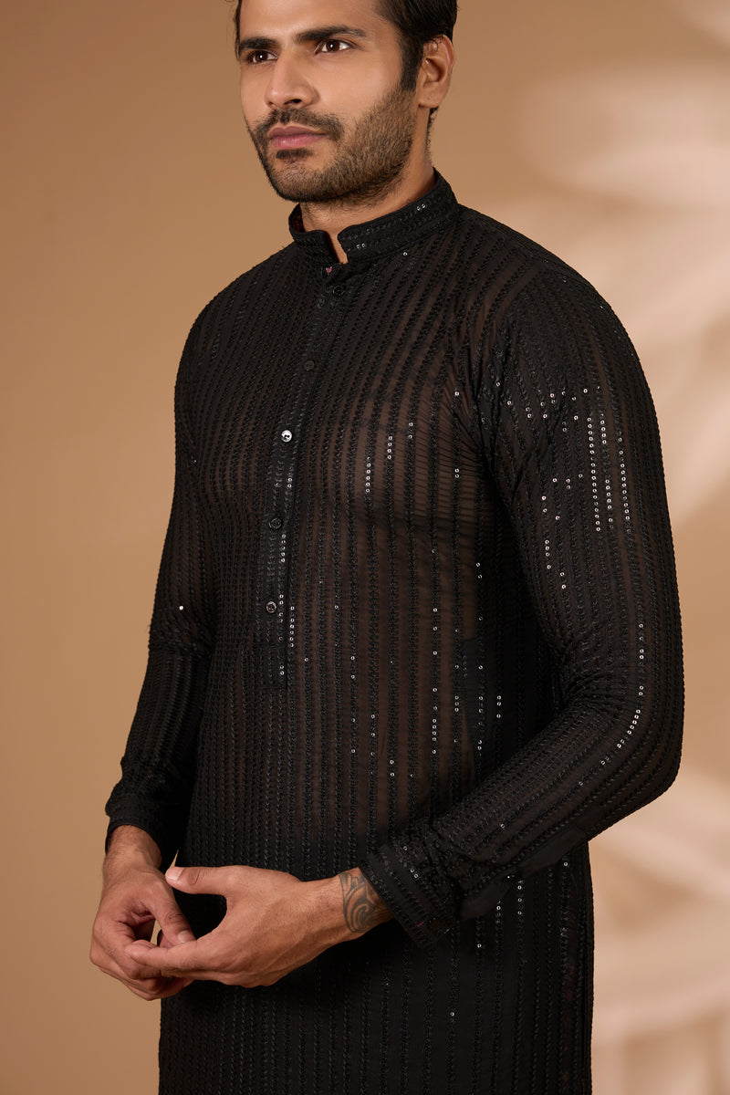 Black Georgette Kurta – Thread & Sequin Lines, Cotton Silk Pant