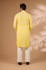 Yellow Georgette Kurta – Full Sequin, Thread & Beads, Off-White Pant