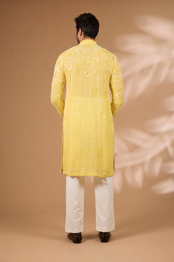 Yellow Georgette Kurta – Full Sequin, Thread & Beads, Off-White Pant