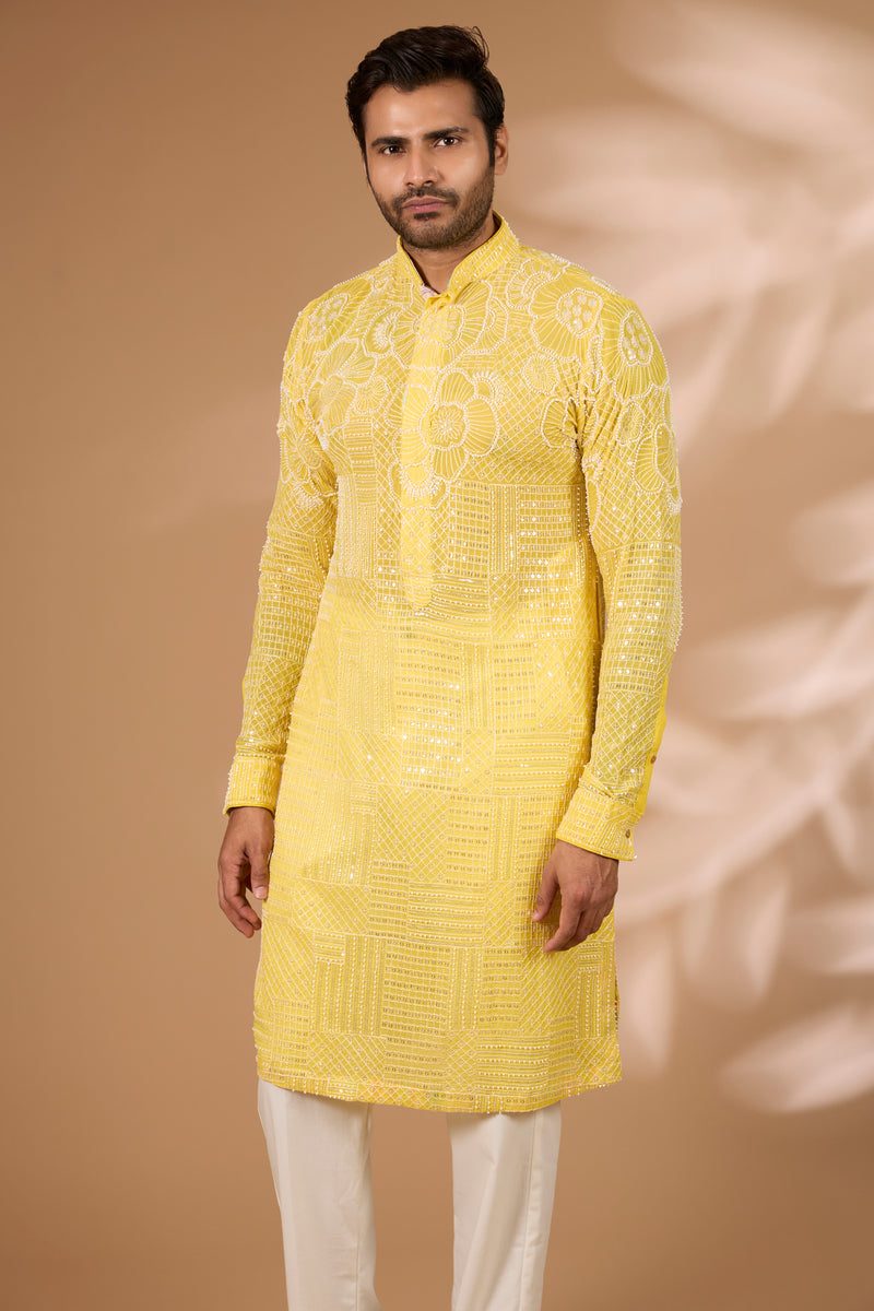 Yellow Georgette Kurta – Full Sequin, Thread & Beads, Off-White Pant