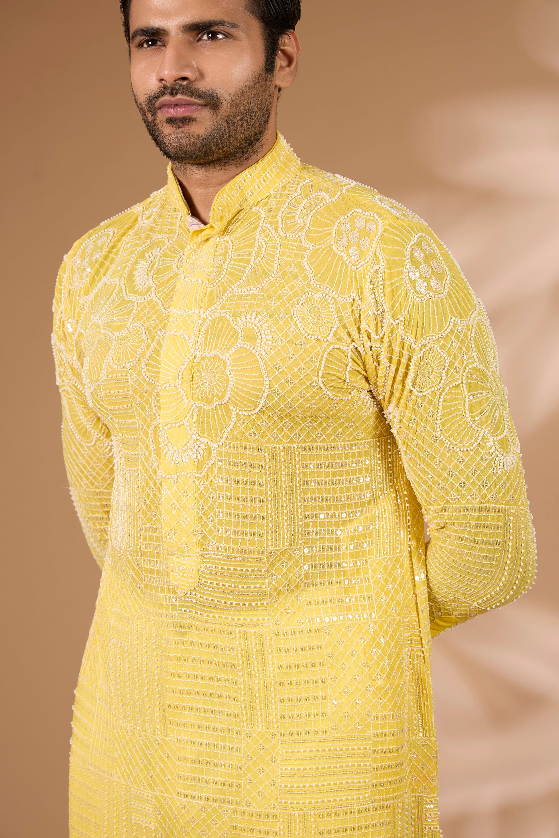 Yellow Georgette Kurta – Full Sequin, Thread & Beads, Off-White Pant