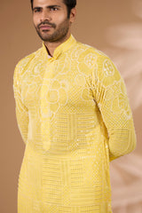 Yellow Georgette Kurta – Full Sequin, Thread & Beads, Off-White Pant