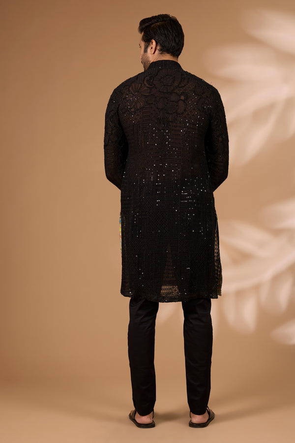 Black Georgette Kurta – Full Sequin & Beads, Cotton Silk Pant