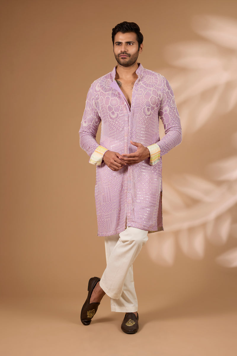 Lilac Georgette Kurta – Front Open, Full Sequin & Beads, Off-White Pant