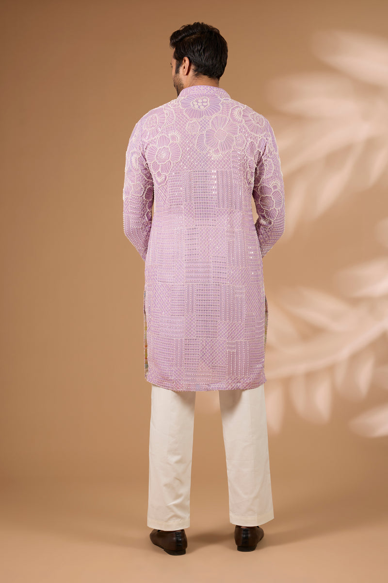 Lilac Georgette Kurta – Front Open, Full Sequin & Beads, Off-White Pant