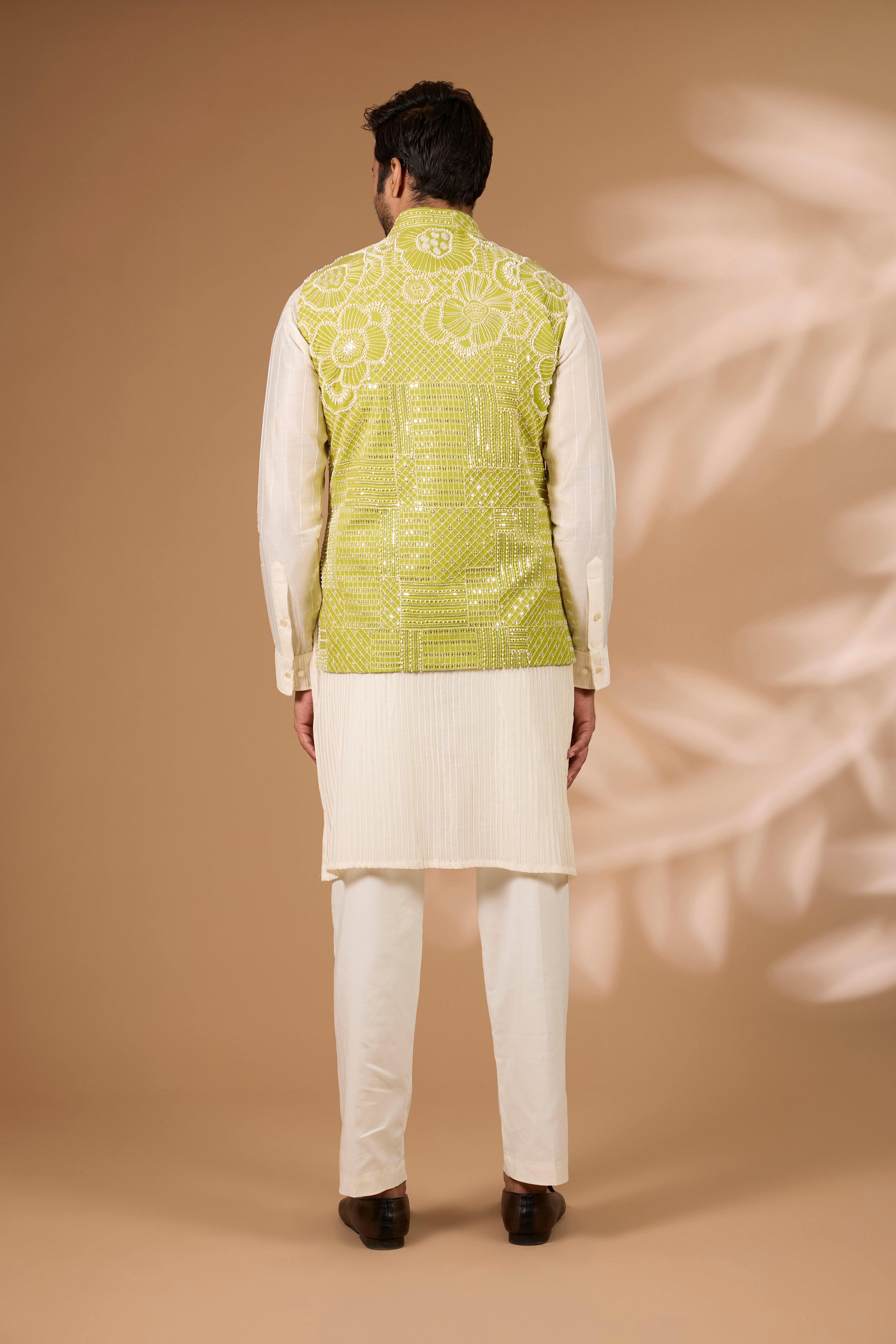 Lime Green Bundi Set – Stripe Print, Off-White Pintuck Kurta & Pant