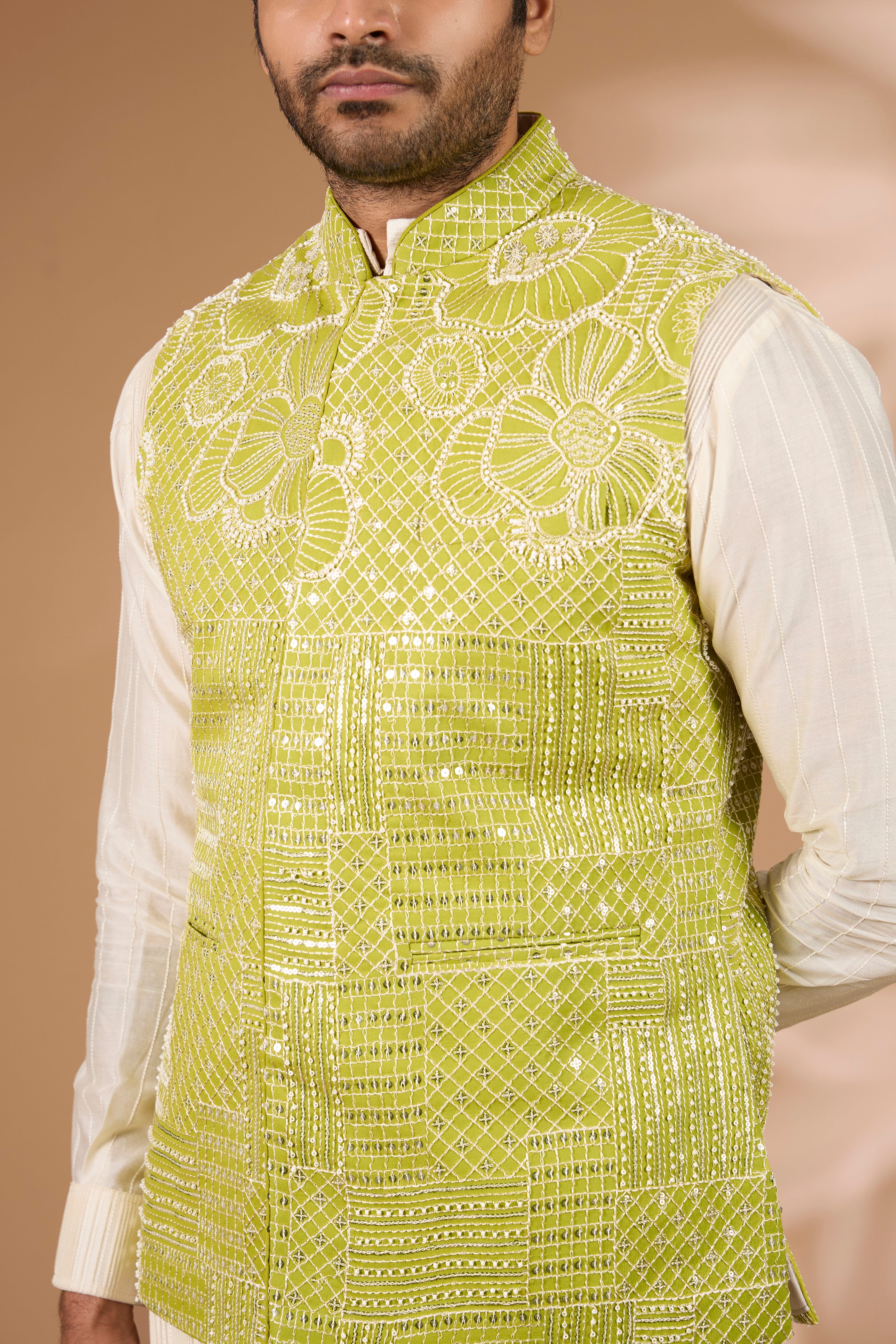 Lime Green Bundi Set – Stripe Print, Off-White Pintuck Kurta & Pant