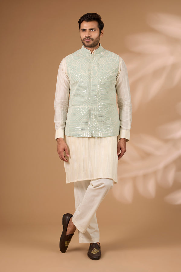 Sage Green Bundi Set – Stripe Print, Off-White Pintuck Kurta & Pant