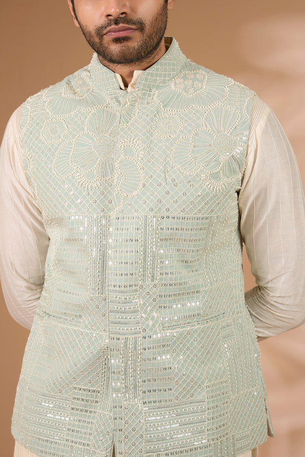 Sage Green Bundi Set – Stripe Print, Off-White Pintuck Kurta & Pant