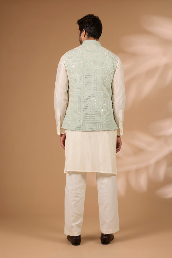 Sage Green Georgette Bundi – Full Embroidery, Stripe Print