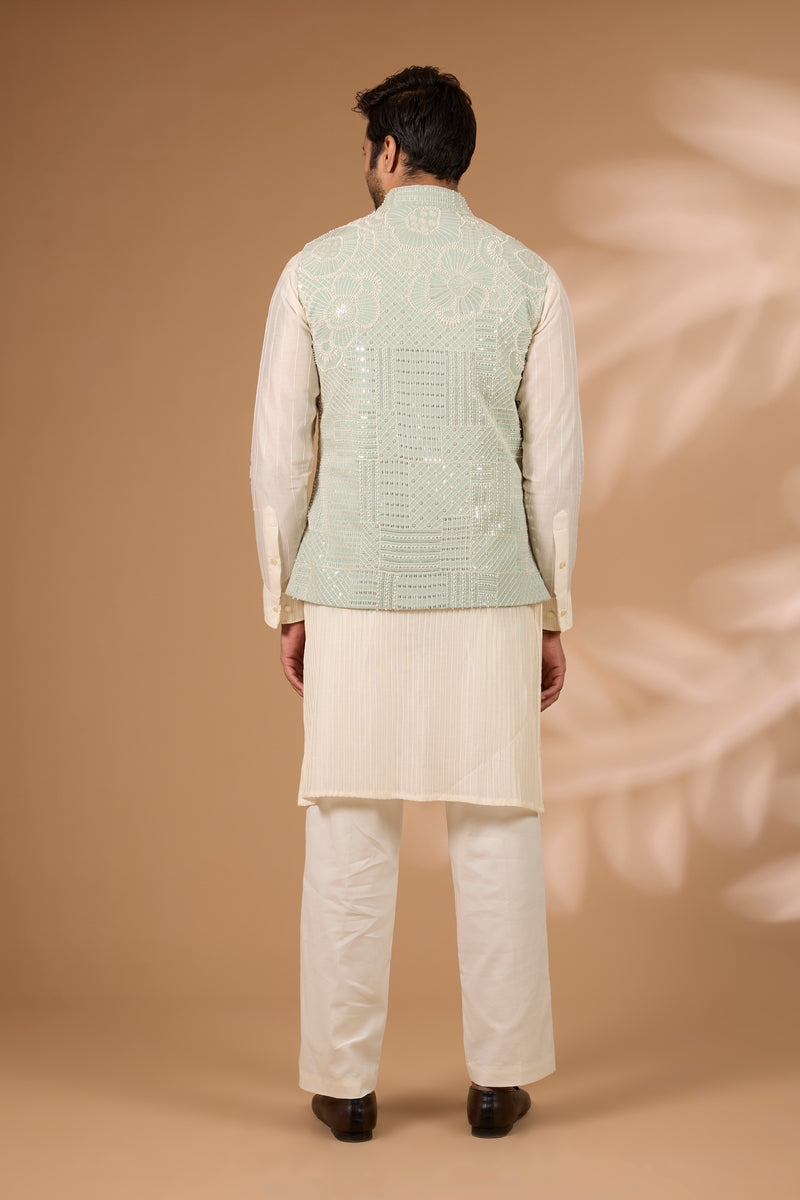 Sage Green Georgette Bundi – Full Embroidery, Stripe Print