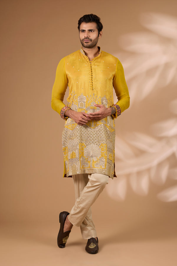 Haldi Silk Kurta – Loop Buttons, Gold Pant