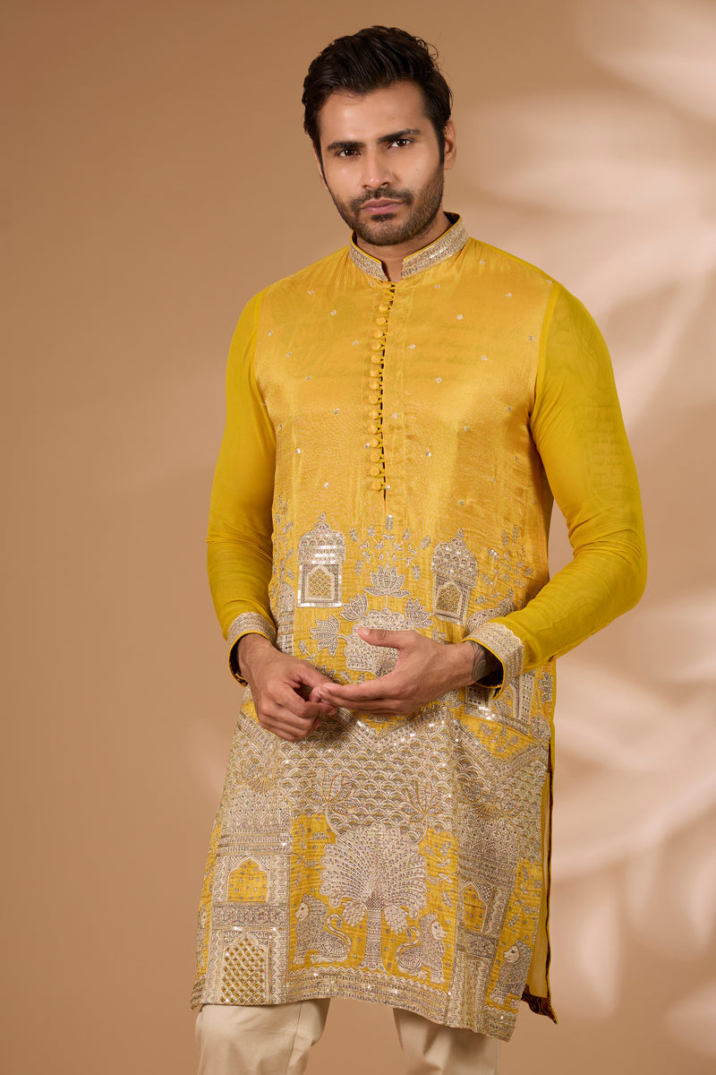 Haldi Silk Kurta – Loop Buttons, Gold Pant